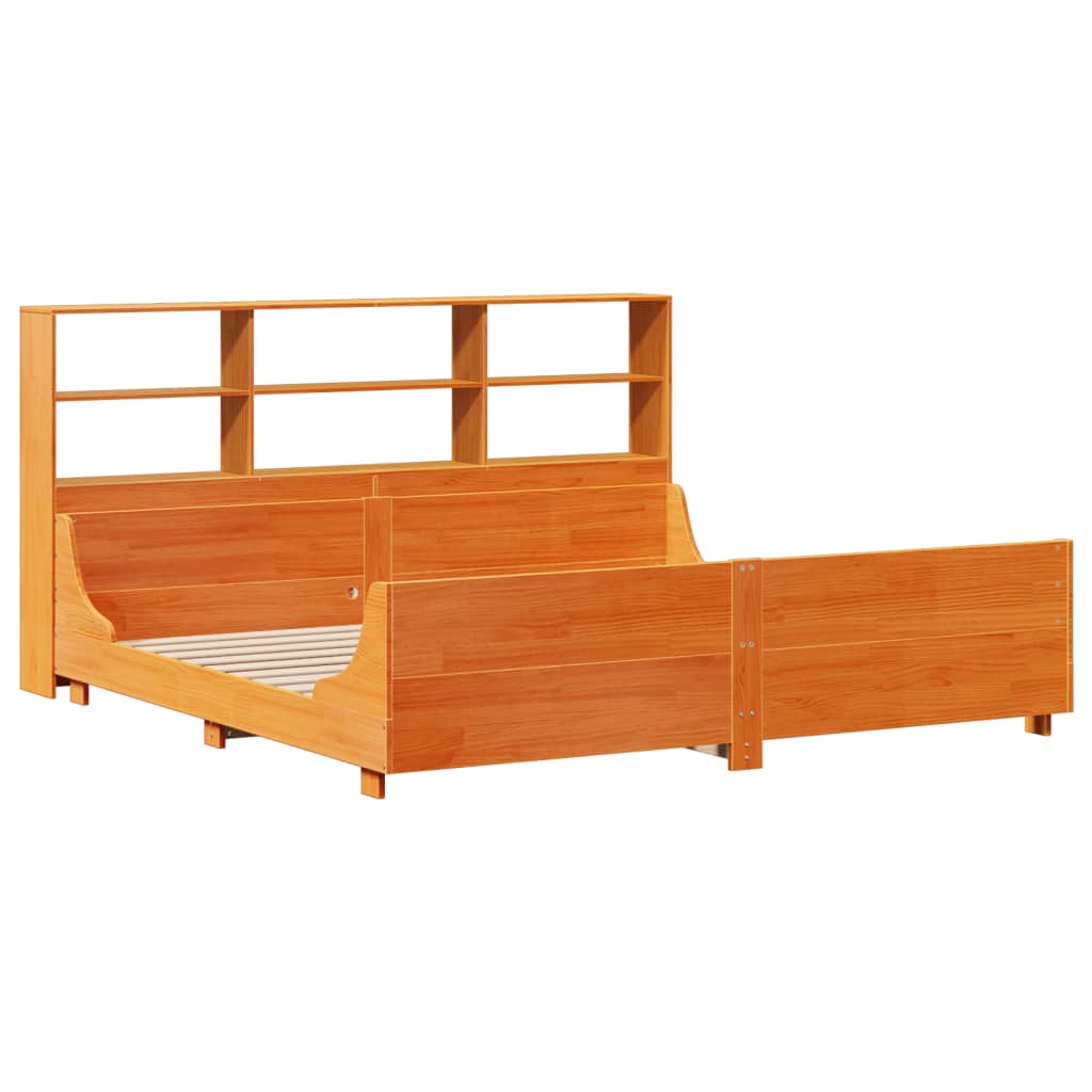 viaszbarna tömör fa könyvespolcos ágy matrac nélkül 200 x 200cm