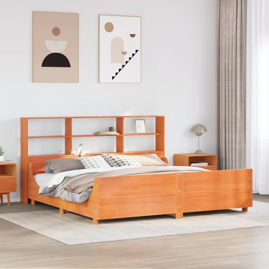 viaszbarna tömör fa könyvespolcos ágy matrac nélkül 180 x 200cm