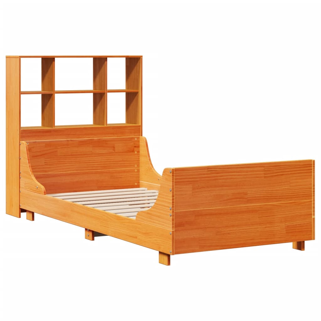 viaszbarna tömör fa könyvespolcos ágy matrac nélkül 100 x 200cm