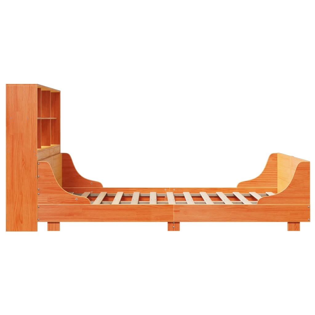 viaszbarna tömör fa könyvespolcos ágy matrac nélkül 135 x 190cm