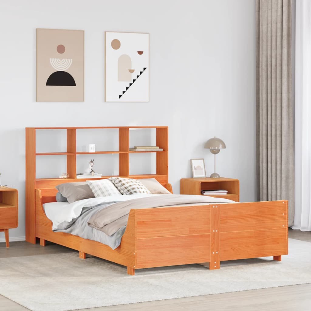 viaszbarna tömör fa könyvespolcos ágy matrac nélkül 120 x 190cm