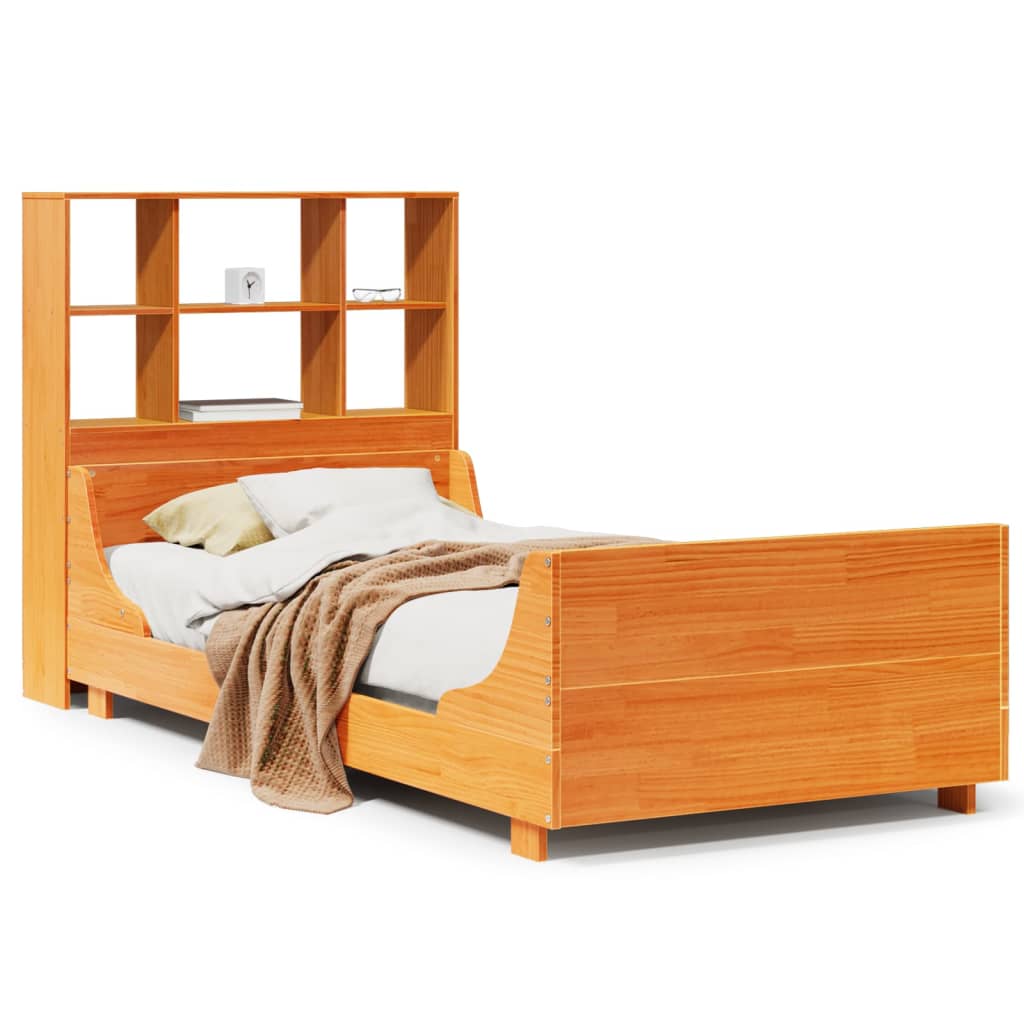 viaszbarna tömör fa könyvespolcos ágy matrac nélkül 75 x 190 cm