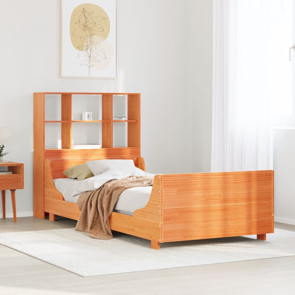 viaszbarna tömör fa könyvespolcos ágy matrac nélkül 75 x 190 cm