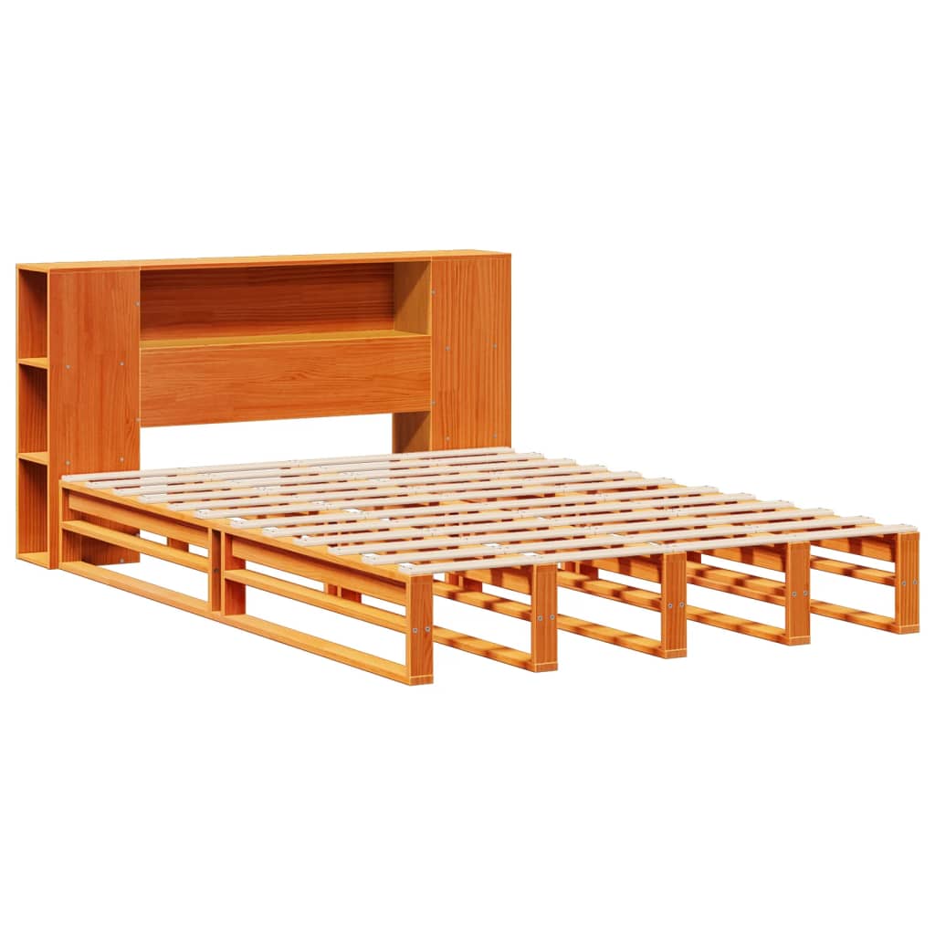 viaszbarna tömör fa könyvespolcos ágy matrac nélkül 135 x 190cm