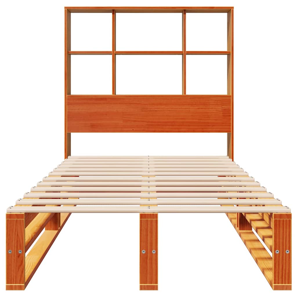 viaszbarna tömör fa könyvespolcos ágy matrac nélkül 100 x 200cm