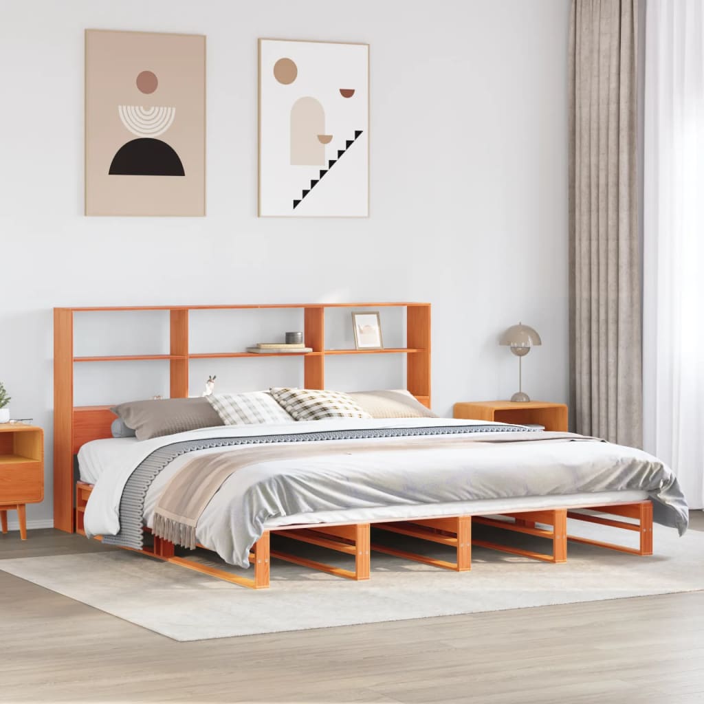 viaszbarna tömör fa könyvespolcos ágy matrac nélkül 180 x 200cm