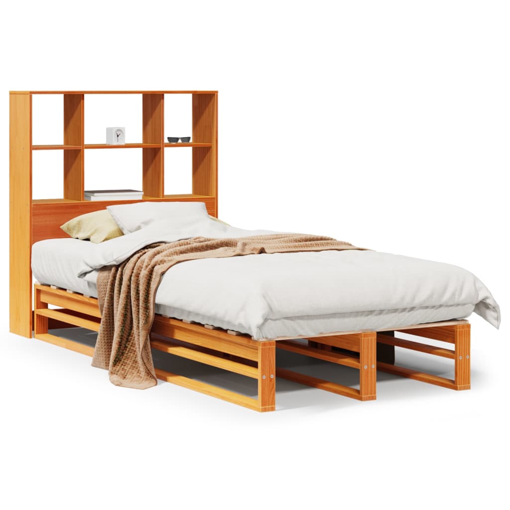 viaszbarna tömör fa könyvespolcos ágy matrac nélkül 75 x 190 cm