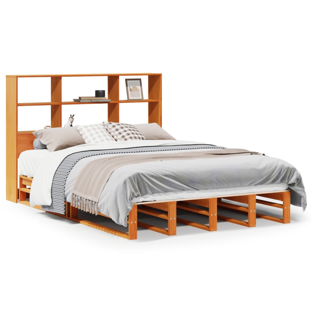 viaszbarna tömör fa könyvespolcos ágy matrac nélkül 120 x 190cm