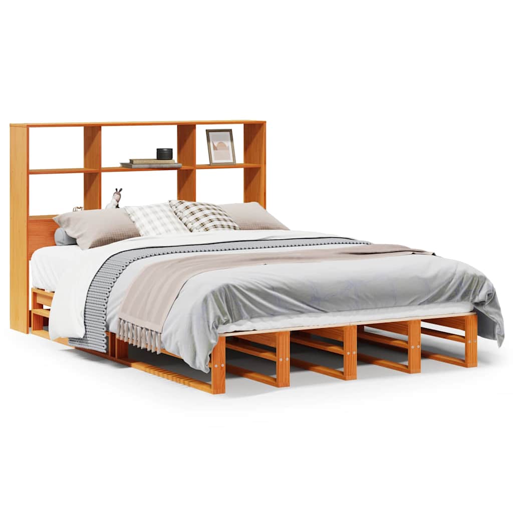 viaszbarna tömör fa könyvespolcos ágy matrac nélkül 140 x 190cm