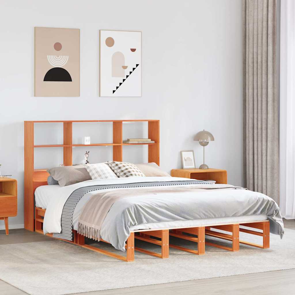 viaszbarna tömör fa könyvespolcos ágy matrac nélkül 140 x 190cm
