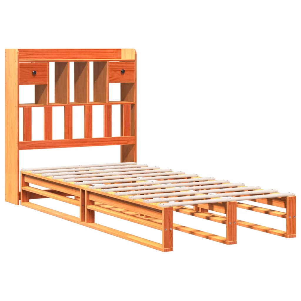 barna tömör fenyőfa könyvespolcos ágy matrac nélkül 100 x 200cm