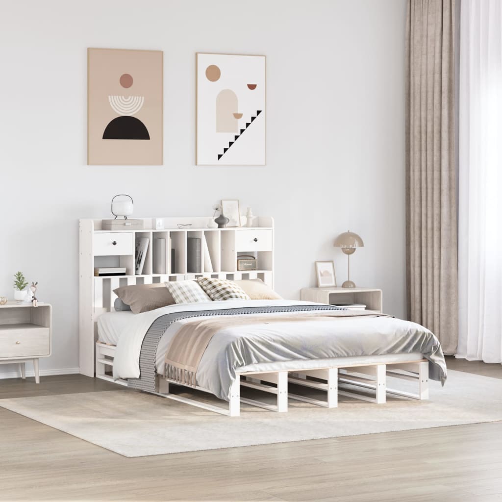 fehér tömör fenyőfa könyvespolcos ágy matrac nélkül 150x200 cm