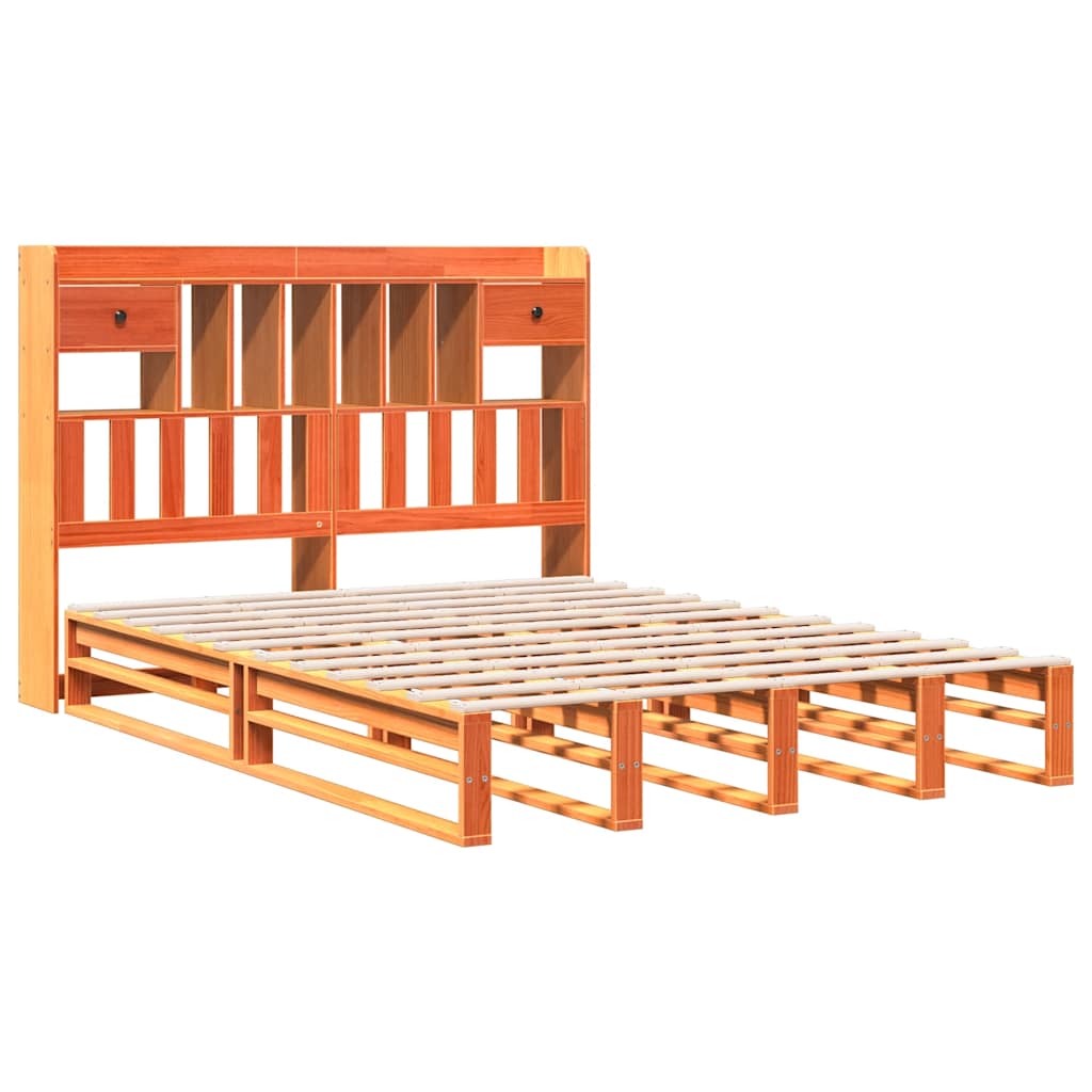 barna tömör fenyőfa könyvespolcos ágy matrac nélkül 150 x 200cm
