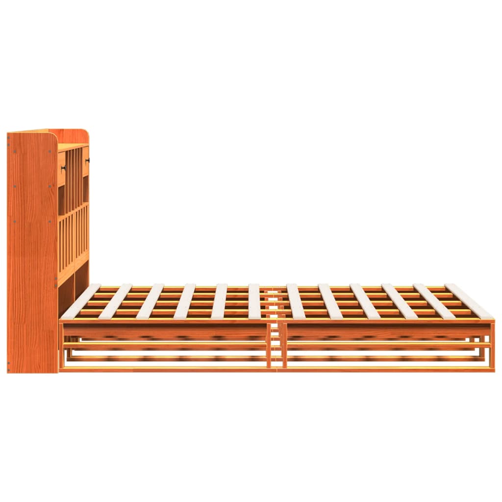barna tömör fenyőfa könyvespolcos ágy matrac nélkül 150 x 200cm