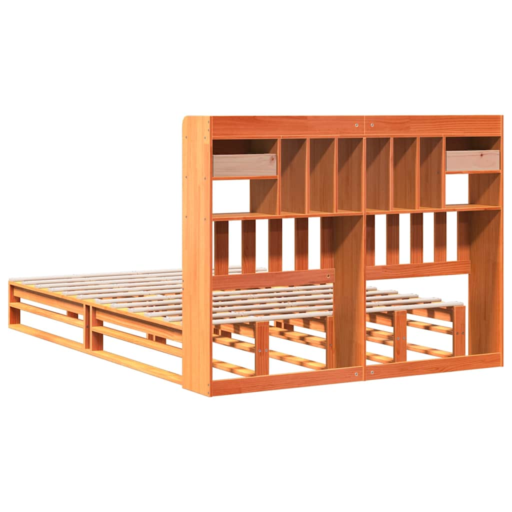 barna tömör fenyőfa könyvespolcos ágy matrac nélkül 150 x 200cm