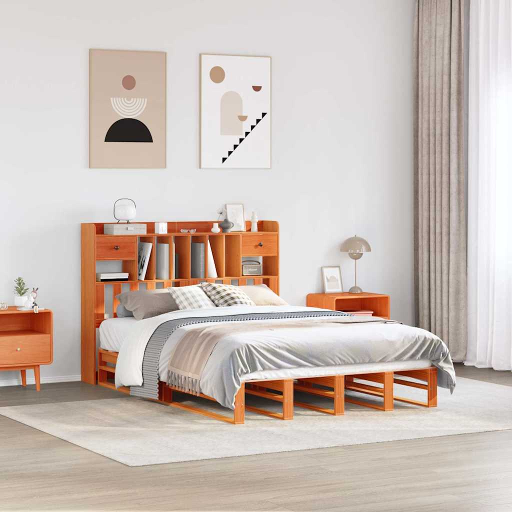 barna tömör fenyőfa könyvespolcos ágy matrac nélkül 150 x 200cm