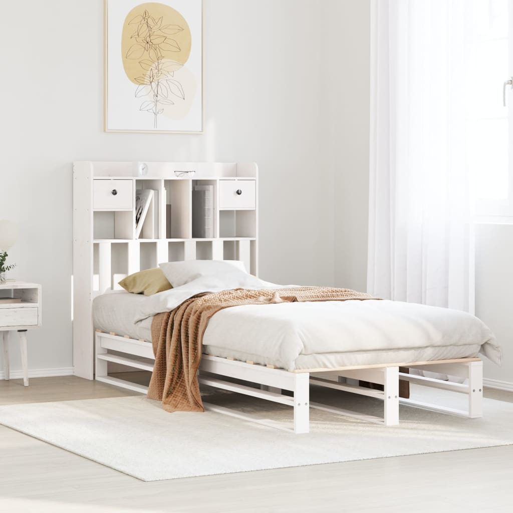 fehér tömör fenyőfa könyvespolcos ágy matrac nélkül 75 x 190 cm