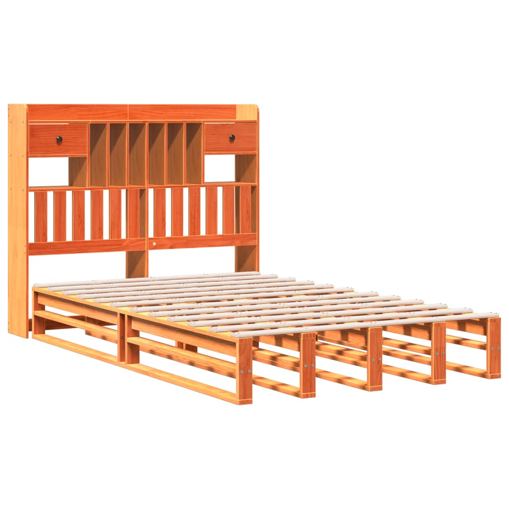 barna tömör fenyőfa könyvespolcos ágy matrac nélkül 135 x 190cm