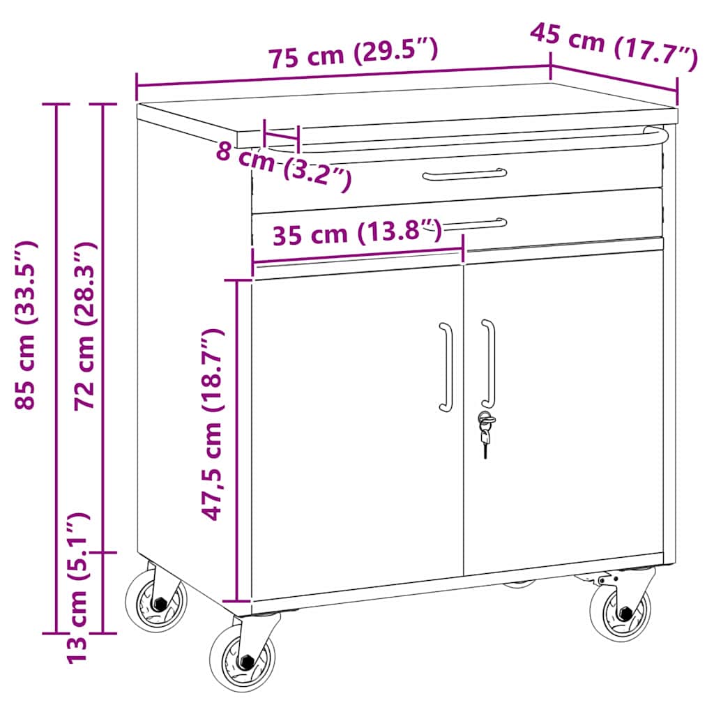 Trolley Rolling Workbench Fekete és Szürke 75 x 45 x 85 cm