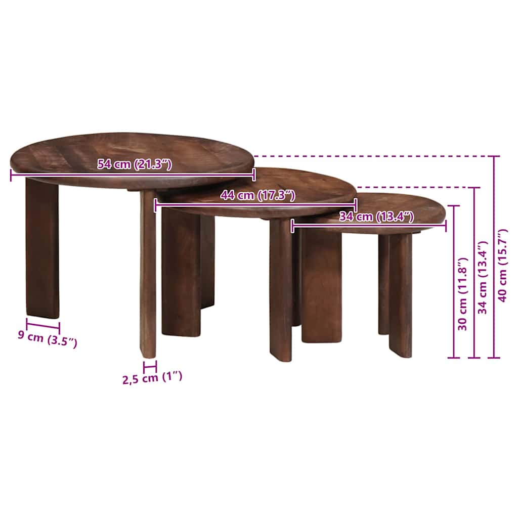 Fészkelt Kávézó Asztalok 3 pcs Sötét Barna Tömör Mangófát