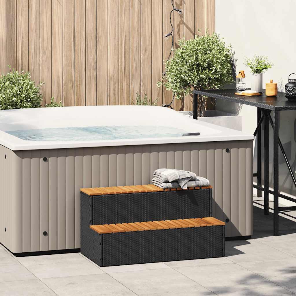 pezsgőfürdő lépcső fekete 100x50x50,5 cm polyrattan és akácfa
