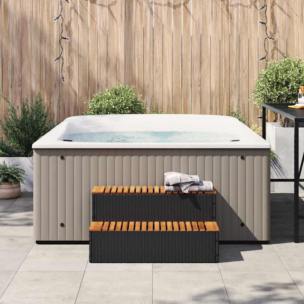 pezsgőfürdő lépcső fekete 100x50x50,5 cm polyrattan és akácfa