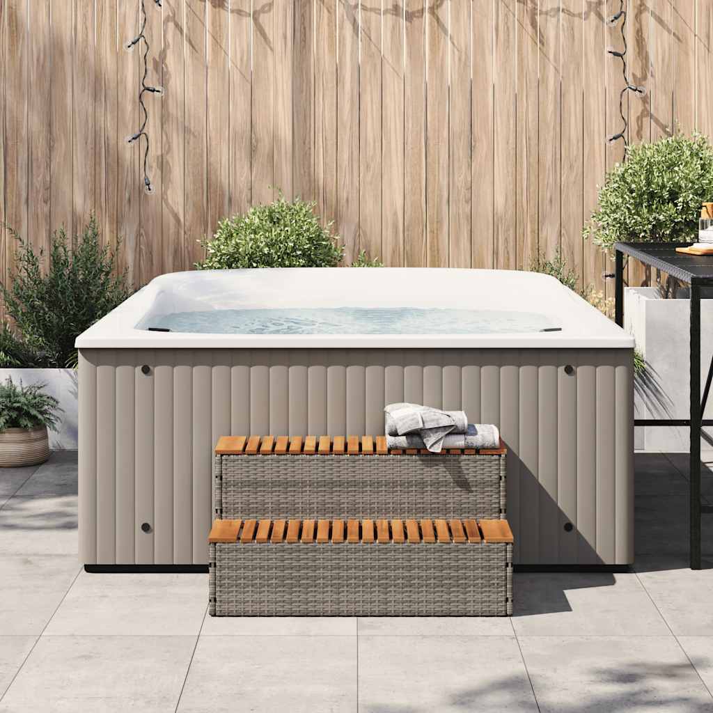 pezsgőfürdő lépcső szürke 100x50x50,5 cm polyrattan és akácfa