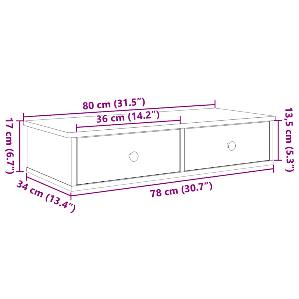 Falipolc fiókokkal fehér 80x34x17 cm műszaki fa