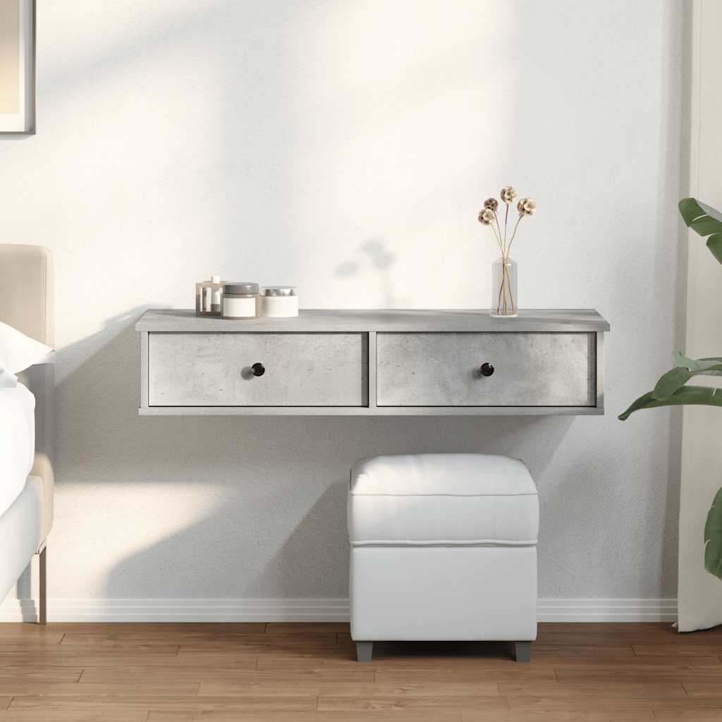 betonszürke szerelt fa falipolc fiókokkal 100 x 37,5 x 19 cm
