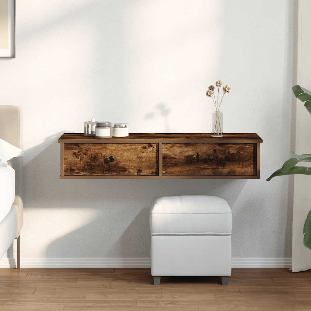 füstölt tölgy szerelt fa falipolc fiókokkal 100 x 37,5 x 19 cm
