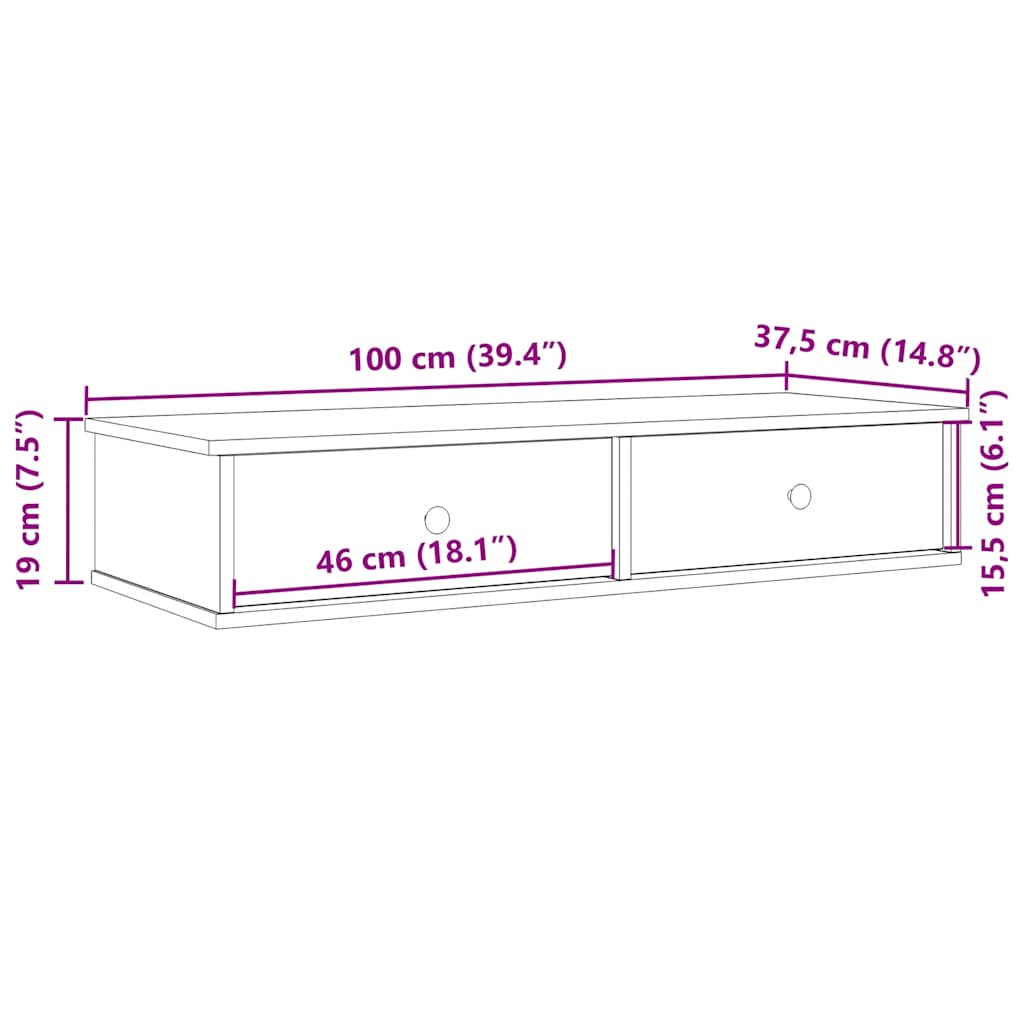 füstölt tölgy szerelt fa falipolc fiókokkal 100 x 37,5 x 19 cm