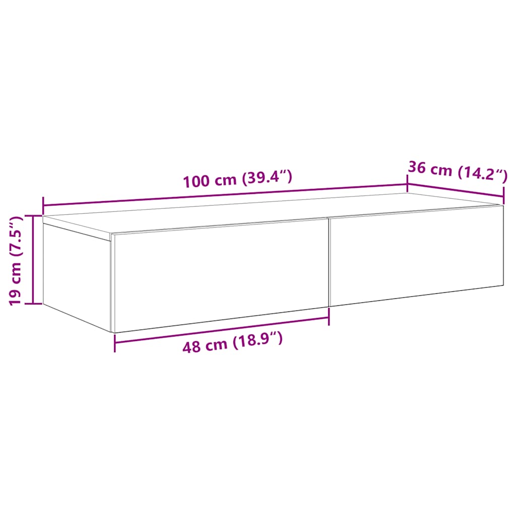 Falipolc fiókokkal betonszürke 100x36x19 cm műszaki fa