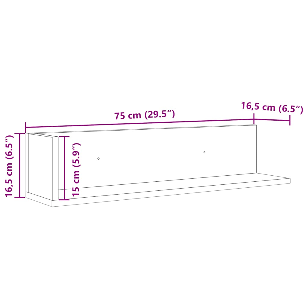 2 db fekete szerelt fa fali polc 75 x 16,5 x 16,5 cm