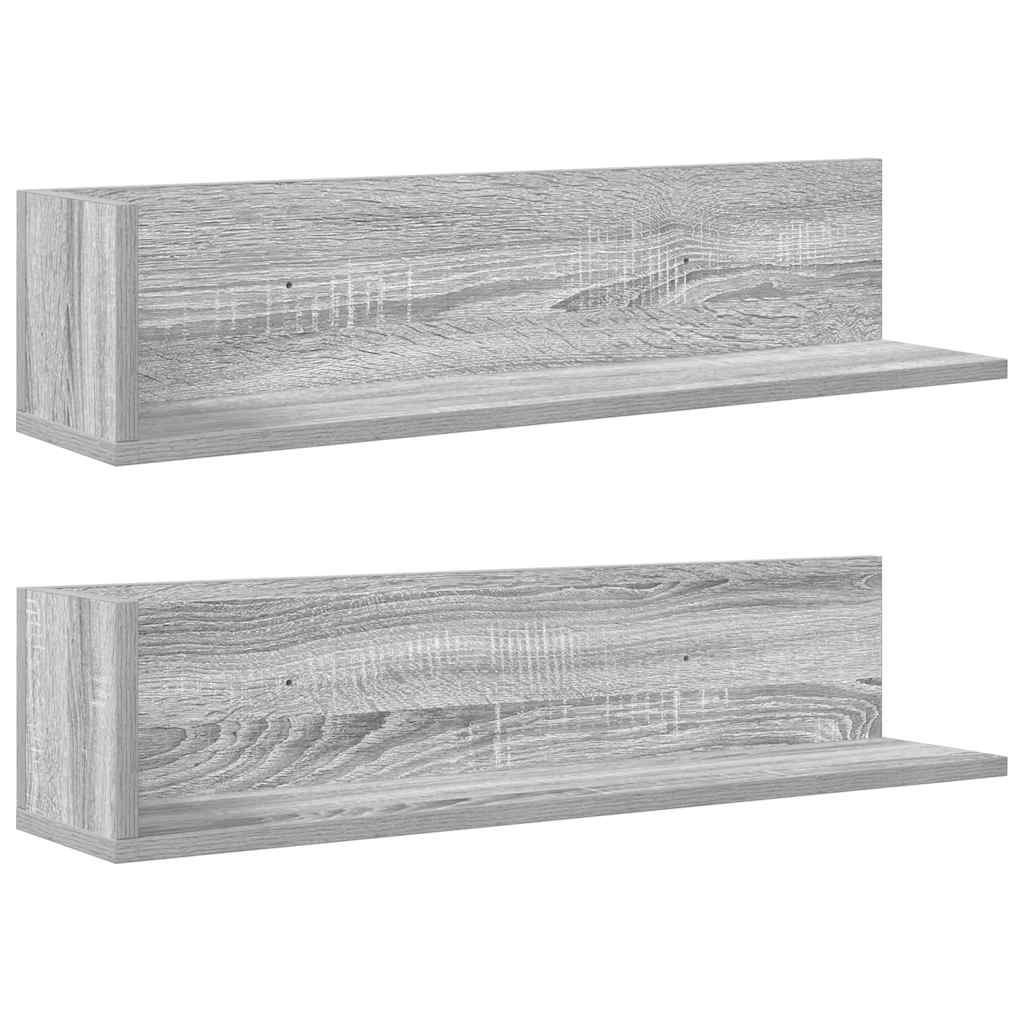 2 db szürke sonoma színű szerelt fa fali polc 75x16,5x16,5 cm