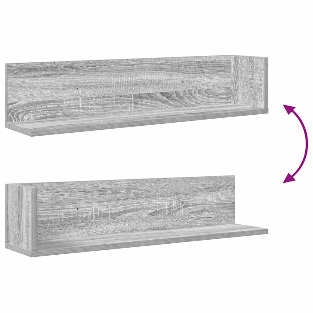 2 db szürke sonoma színű szerelt fa fali polc 75x16,5x16,5 cm