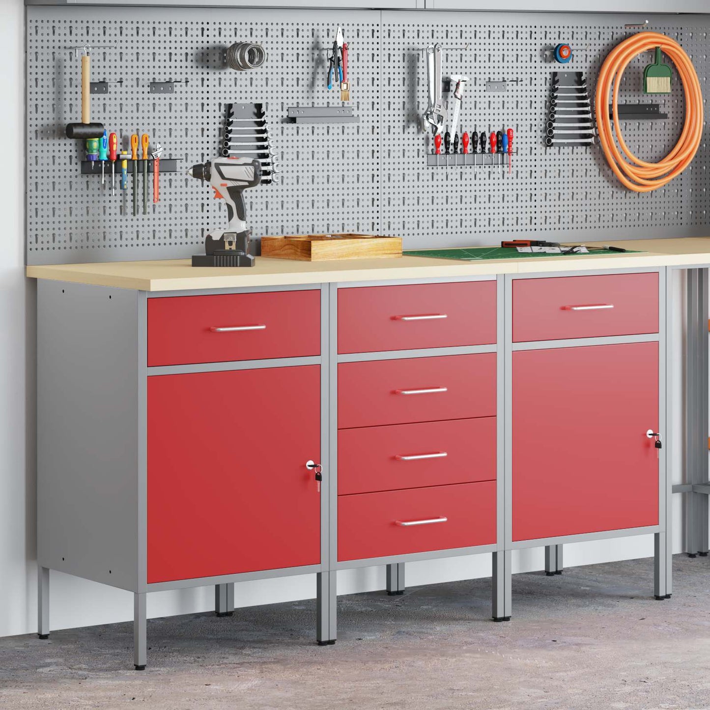 Munkaszekrény fiókkal 3 db Piros és Szürke 150 x 55 x 85 cm