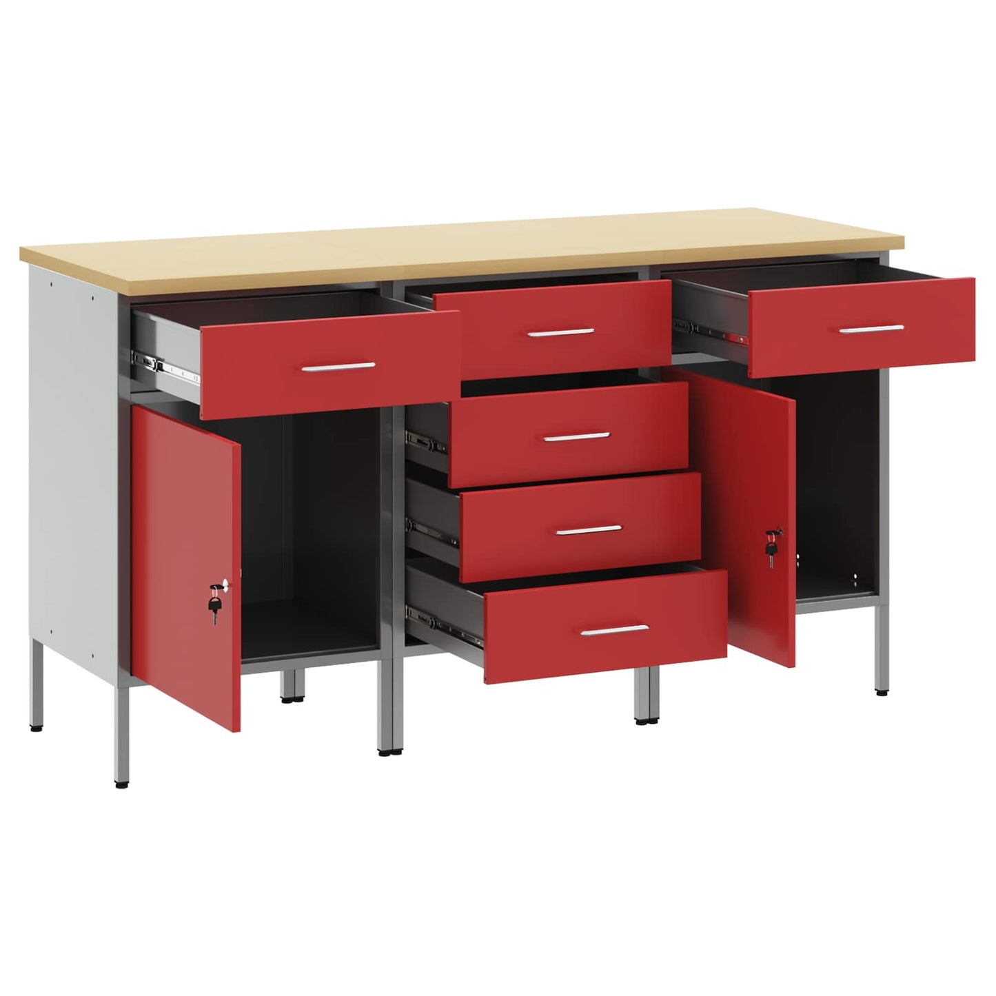 Munkaszekrény fiókkal 3 db Piros és Szürke 150 x 55 x 85 cm