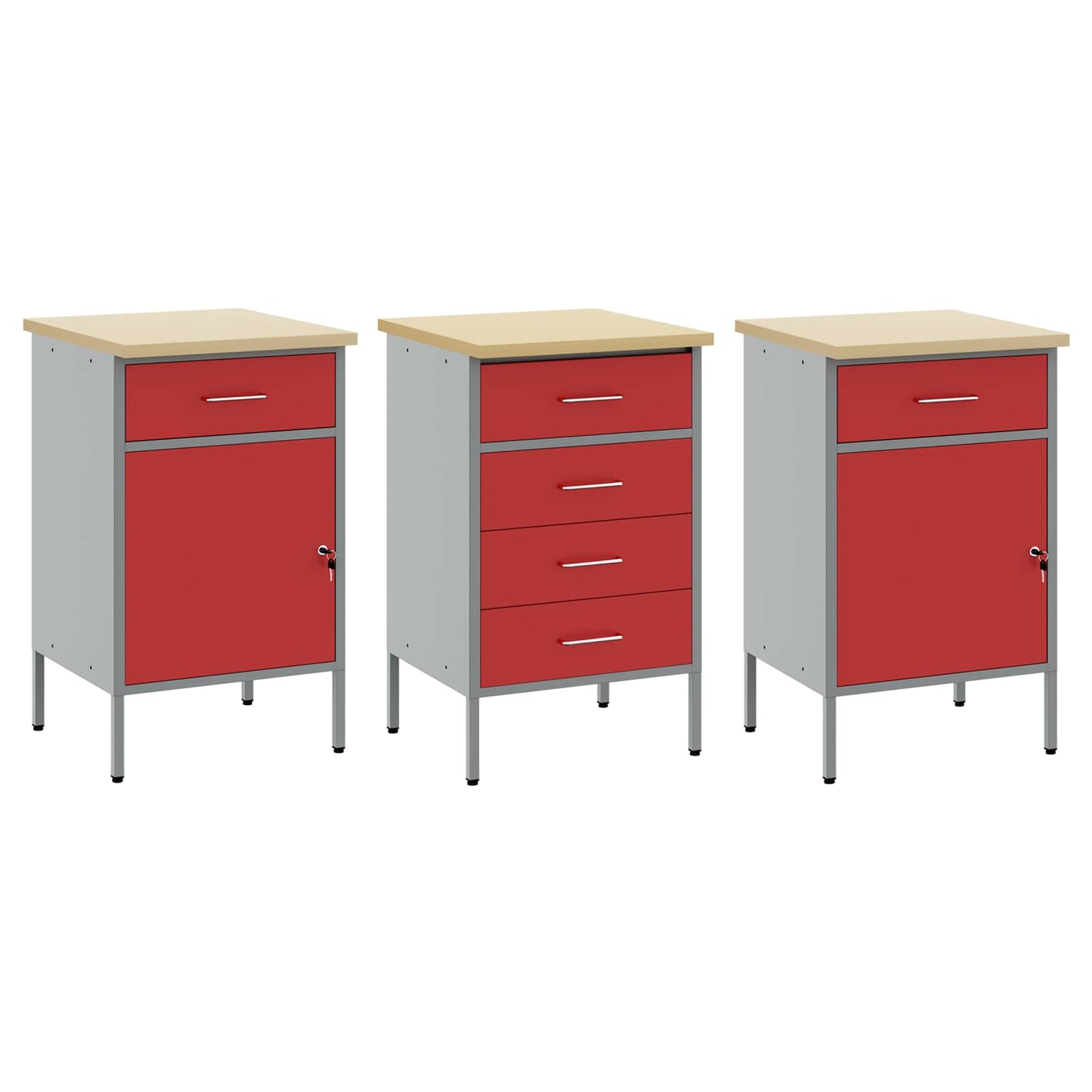 Munkaszekrény fiókkal 3 db Piros és Szürke 150 x 55 x 85 cm