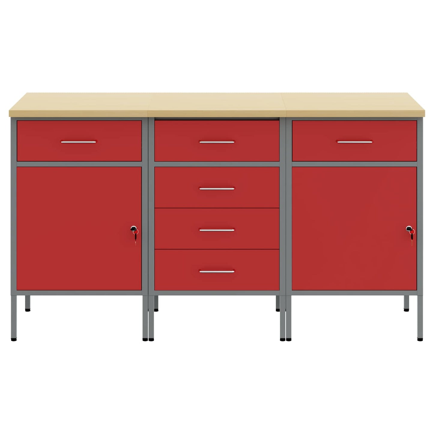 Munkaszekrény fiókkal 3 db Piros és Szürke 150 x 55 x 85 cm