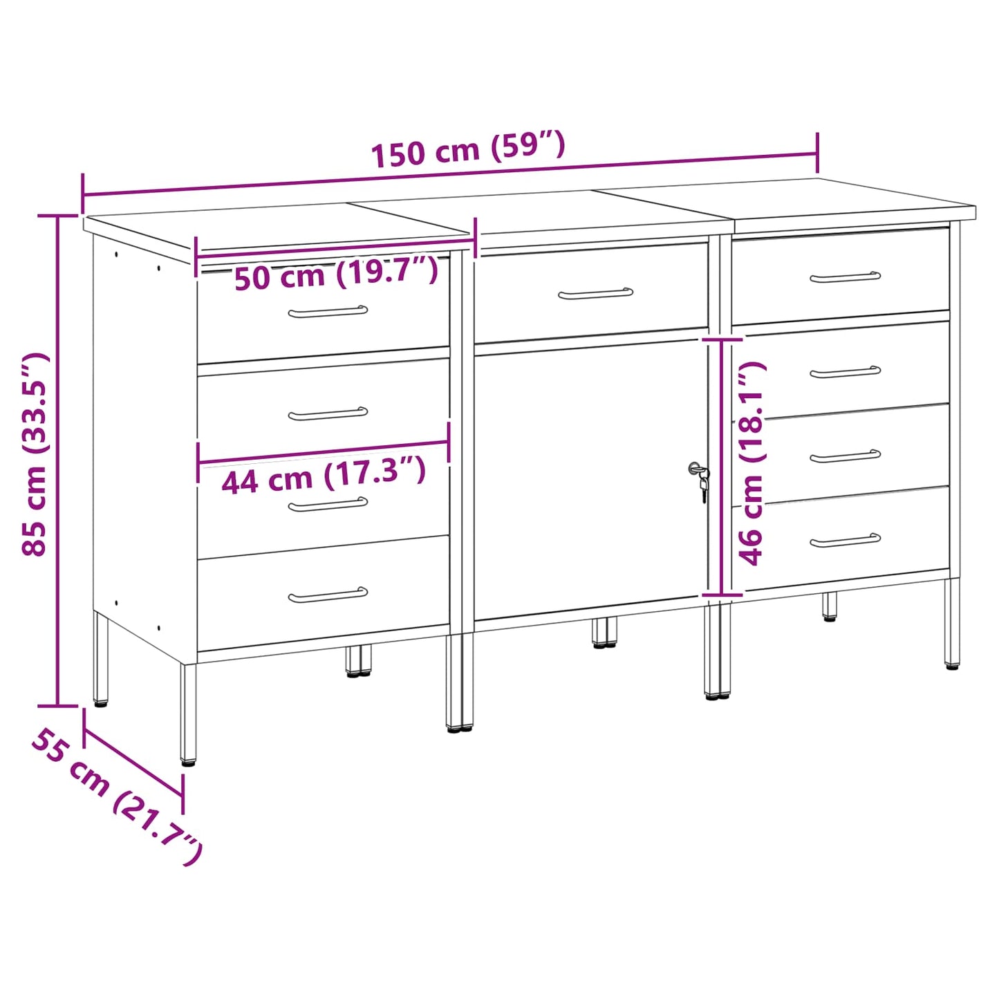 Munkaszekrény fiókkal 3 pcs Fekete és Szürke 150 x 55 x 85 cm