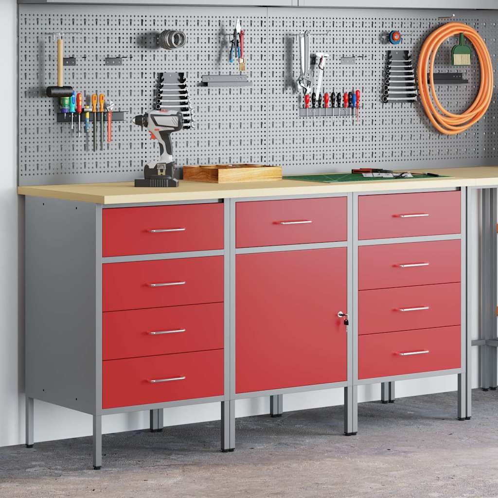 Munkaszekrény fiókkal 3 db Piros és Szürke 150 x 55 x 85 cm