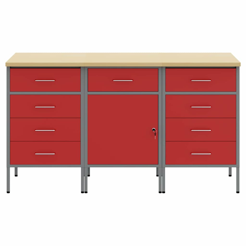 Munkaszekrény fiókkal 3 db Piros és Szürke 150 x 55 x 85 cm