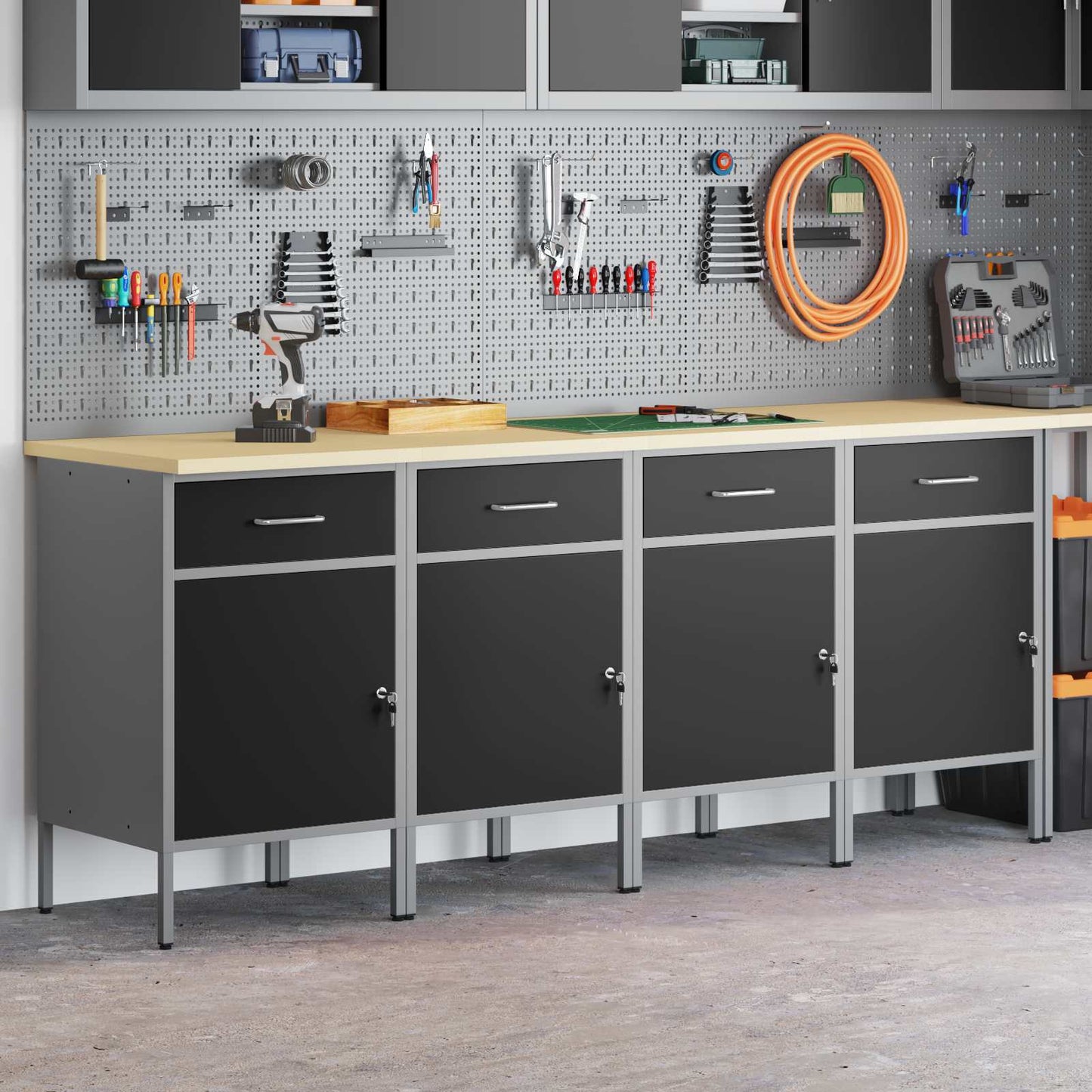 Munkaszekrény fiókkal 4 db Fekete és Szürke 200 x 55 x 85 cm