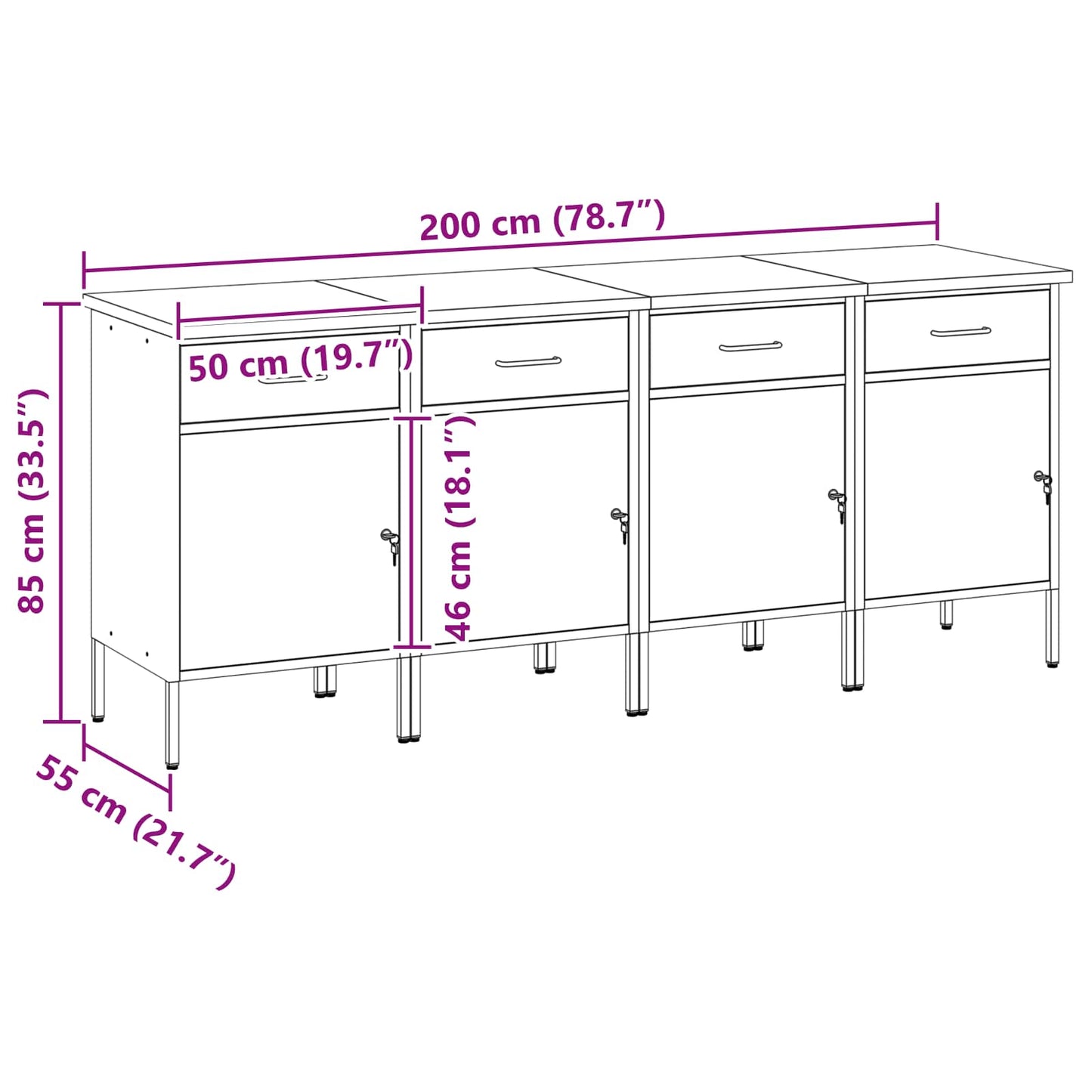 Munkaszekrény fiókkal 4 pcs Piros és Szürke 200 x 55 x 85 cm