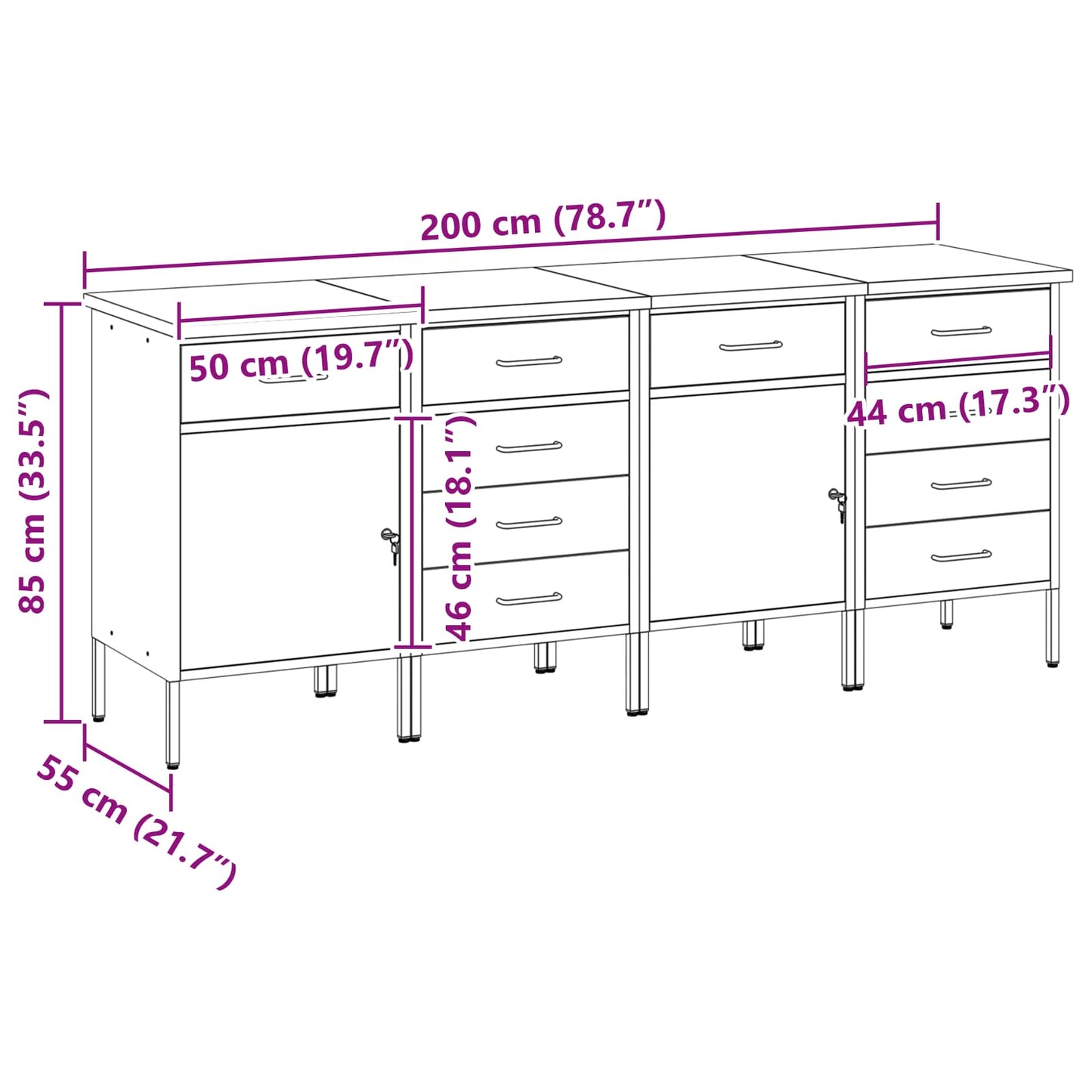 Munkaszekrény fiókkal 4 pcs Fekete és Szürke 200 x 55 x 85 cm