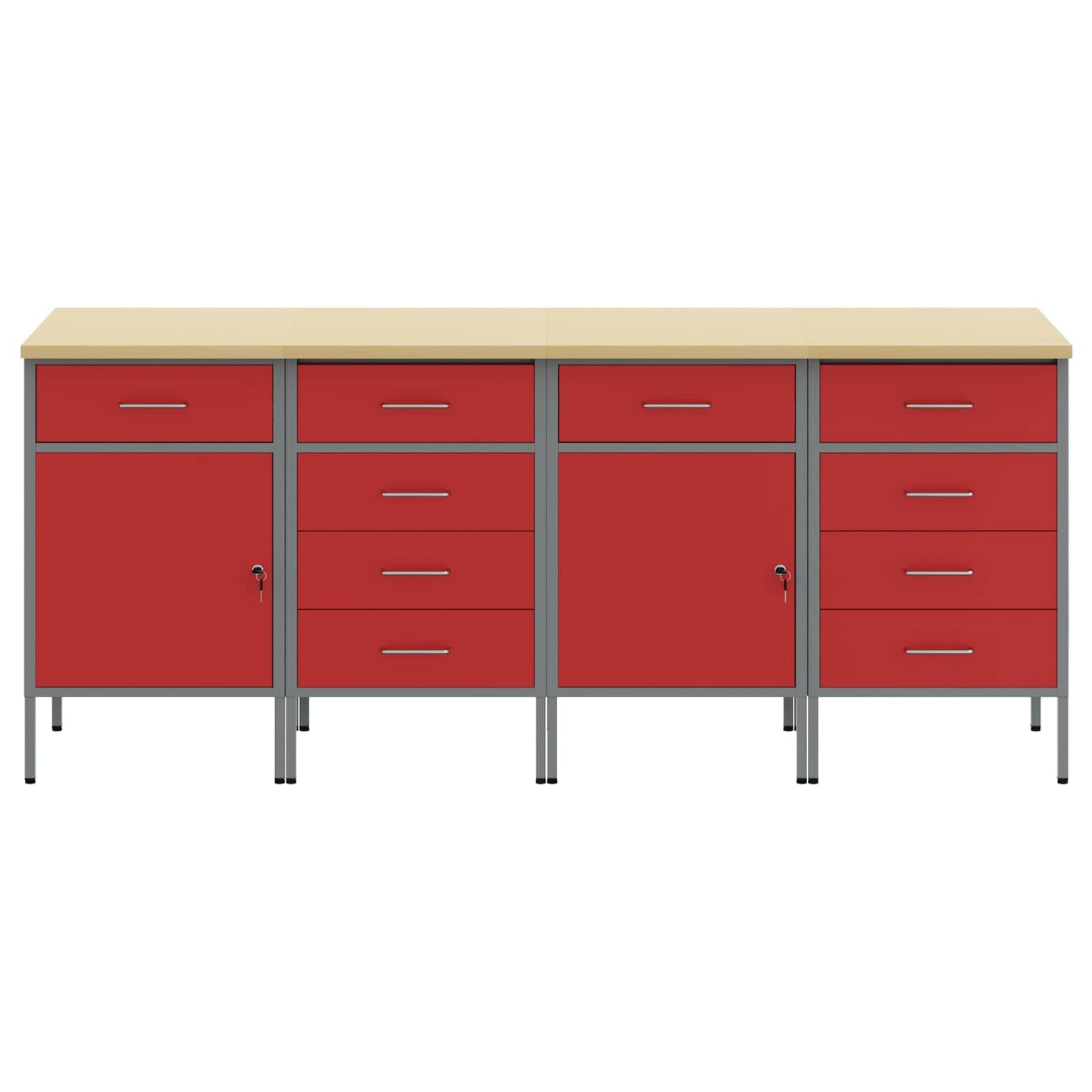 Munkaszekrény fiókkal 4 db Piros és Szürke 200 x 55 x 85 cm