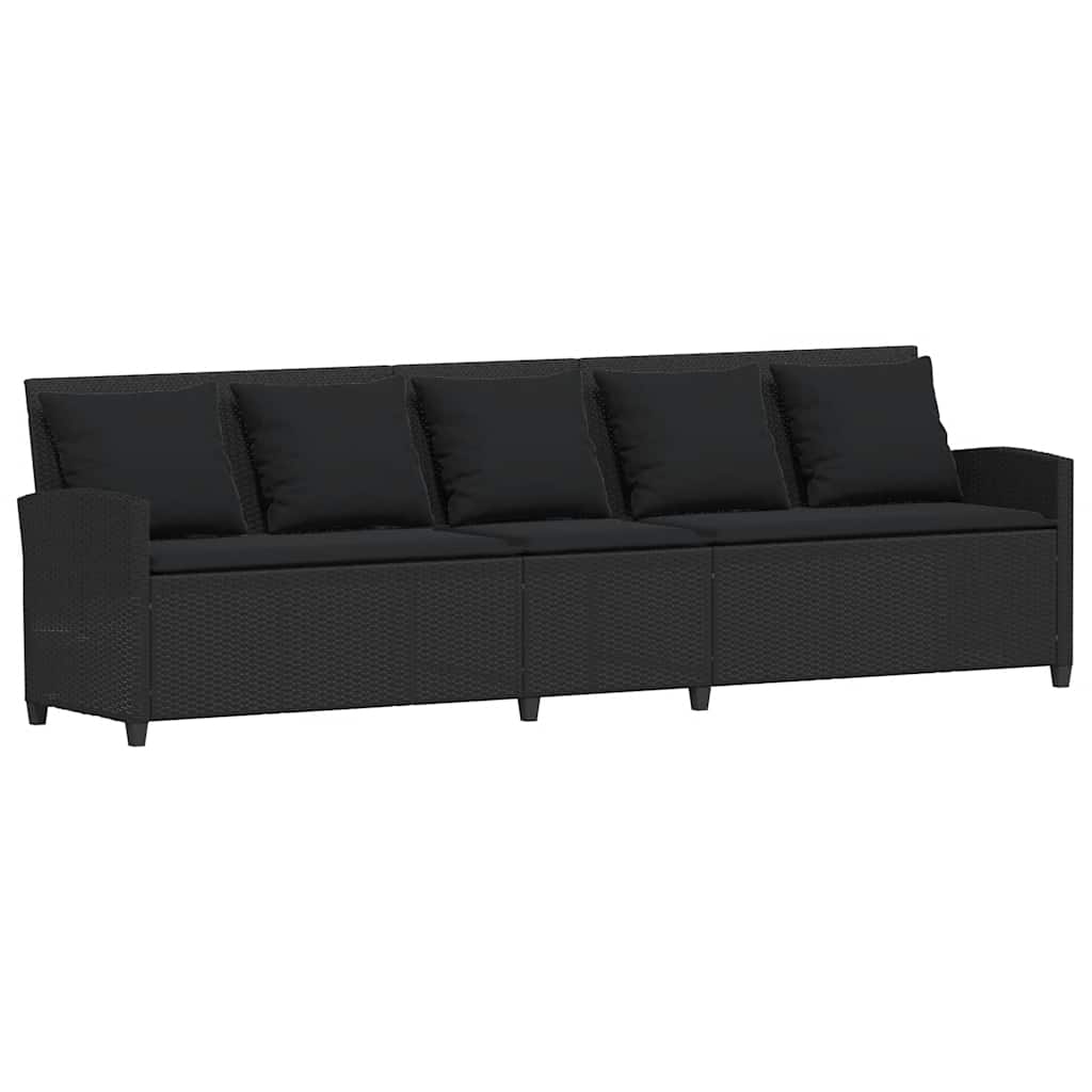 5 személyes fekete polyrattan kerti kanapé párnával