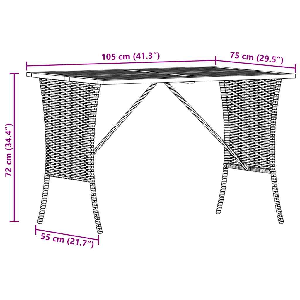 szürke polyrattan akácfa lapos kerti asztal 105x75x72 cm