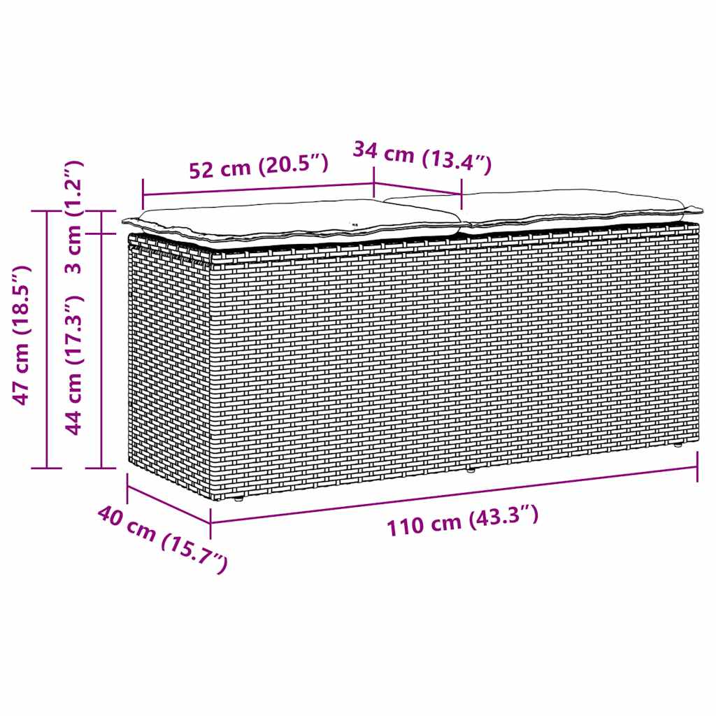 barna polyrattan kerti pad párnával 110x40x44 cm
