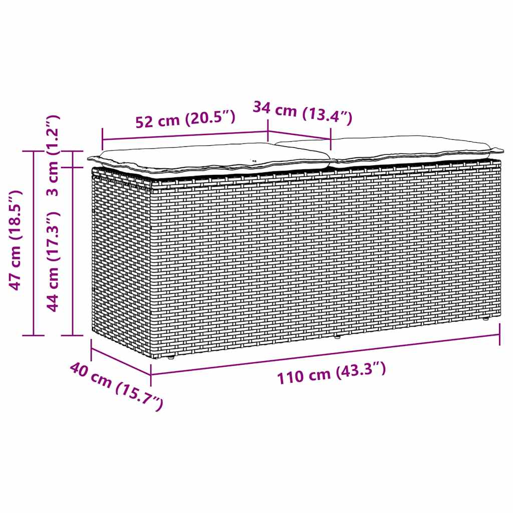 bézs polyrattan kerti pad párnával 110x40x44 cm